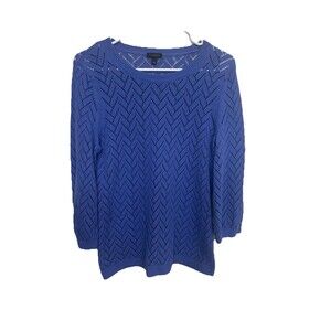 Talbots L Blue Cotton Linen Knit Chevron Sweater